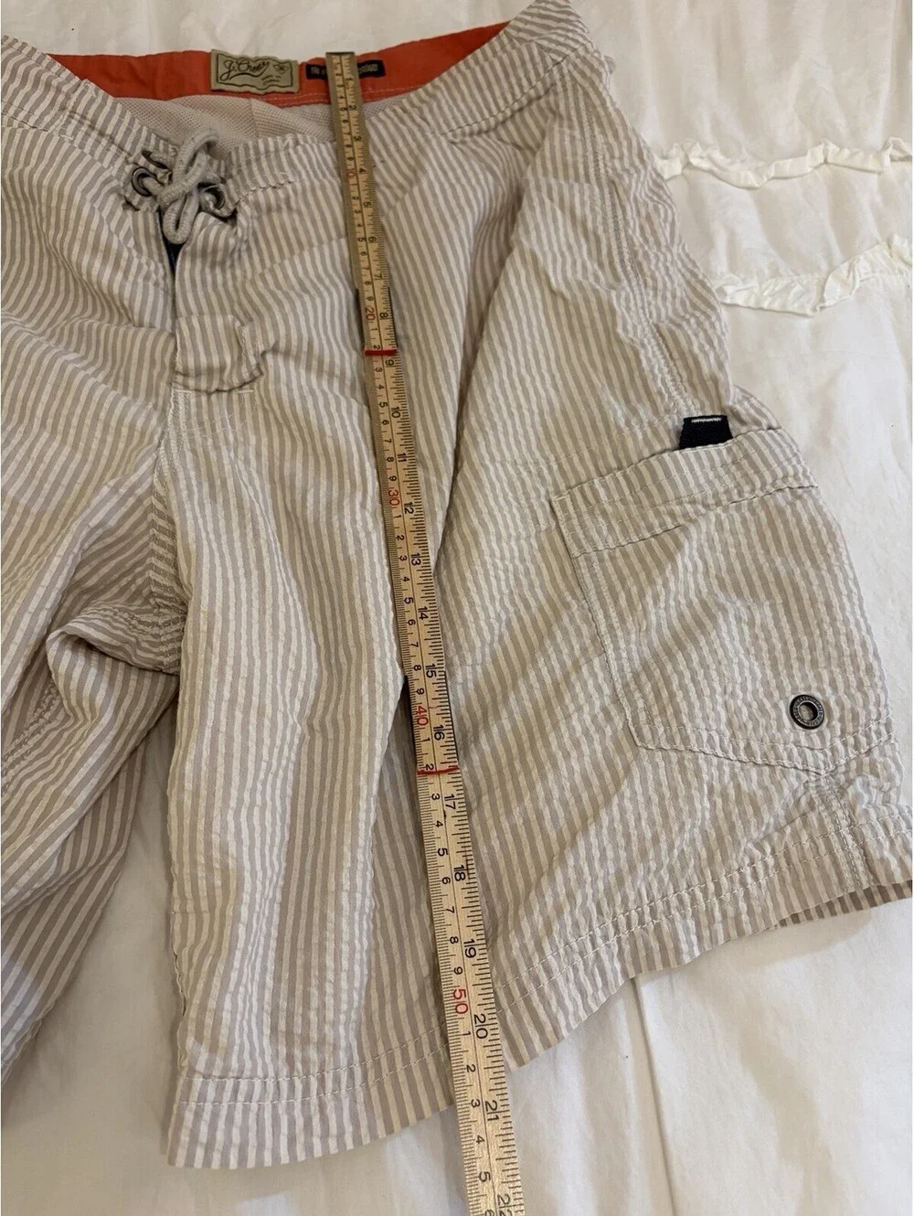 J.Crew The Original Longboard Shorts Mens 36 Taupe Gray Stripe Seersucker